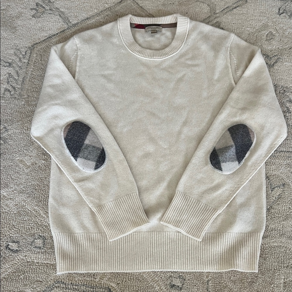 Burberry Cream Sweater with Plaid Elbow Patches